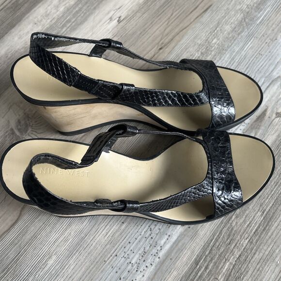 Nine West Black Leather Staple  Cork Bottom Wedges Size 10 - Picture 2 of 11